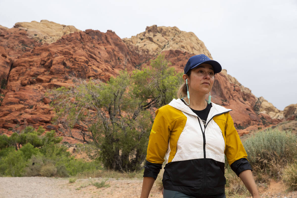 Lisa Uhl hikes at Red Rock Canyon on Wednesday, June 7, 2023, in Las Vegas. (Daniel Pearson/Las ...