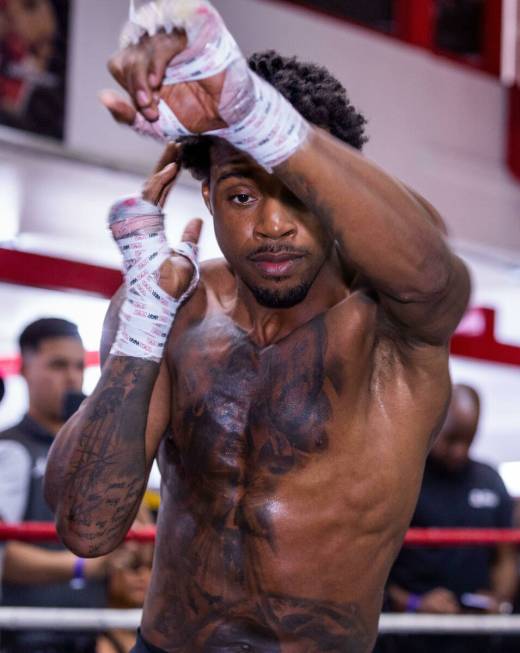 Fighter Errol Spence Jr. shadow boxes during a media workout day at the Fight Capital Gym on Th ...