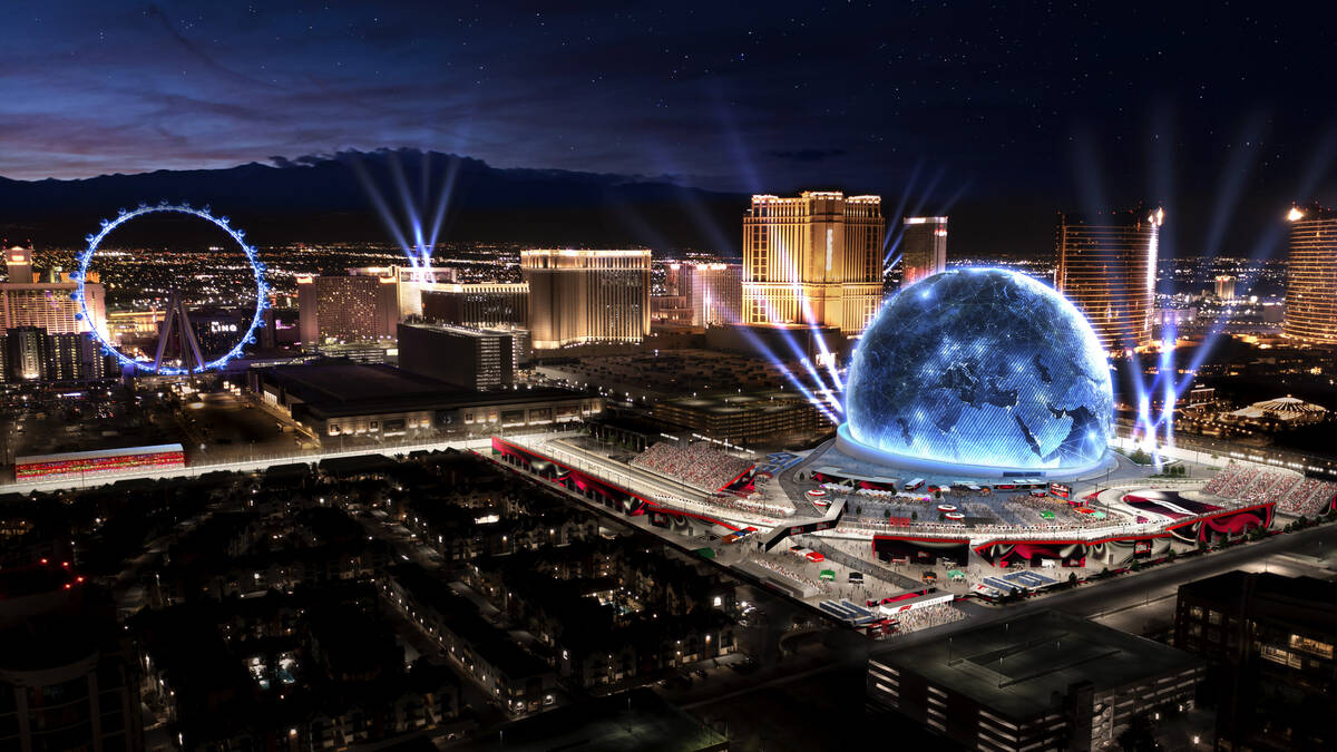 A rendering shows what the MSG Sphere Zone for the Formula One Las Vegas Grand Prix will look l ...