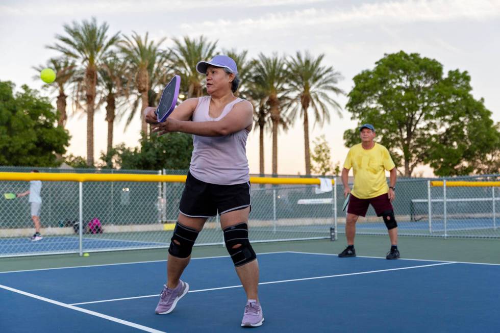 Neon Pickler Hilda Palmer prepares to hit during a match at Aloha Shores Park on July 13, 2023, ...