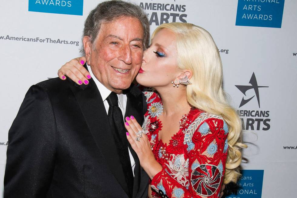 FILE - Tony Bennett, left, and Lady Gaga appear at the Americans for the Arts 2015 National Art ...