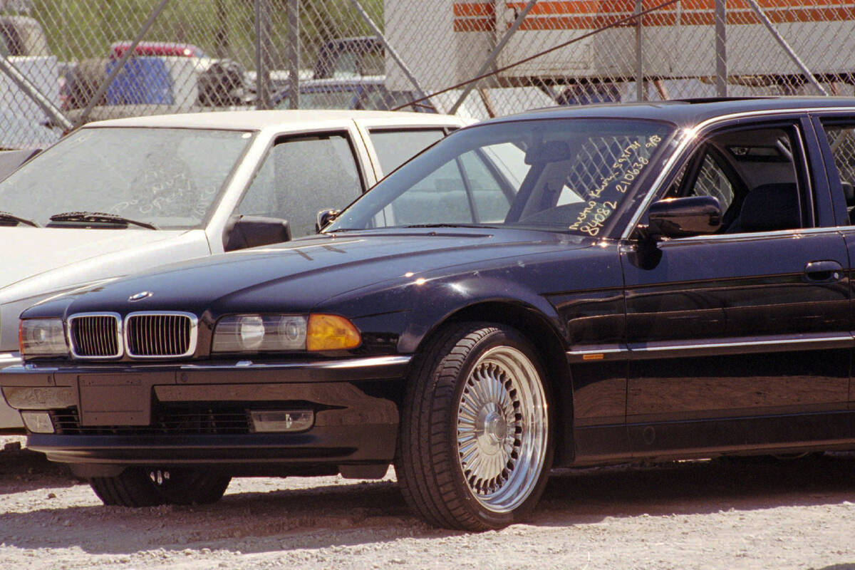 A black BMW riddled with bullet holes is seen Sept. 8, 1996, in a Las Vegas police impound lot. ...