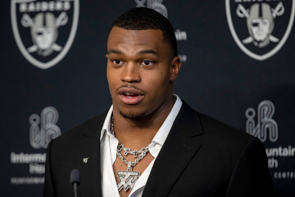 Las Vegas Raiders NFL football draft pick defensive end Tyree Wilson speaks at his introductory ...