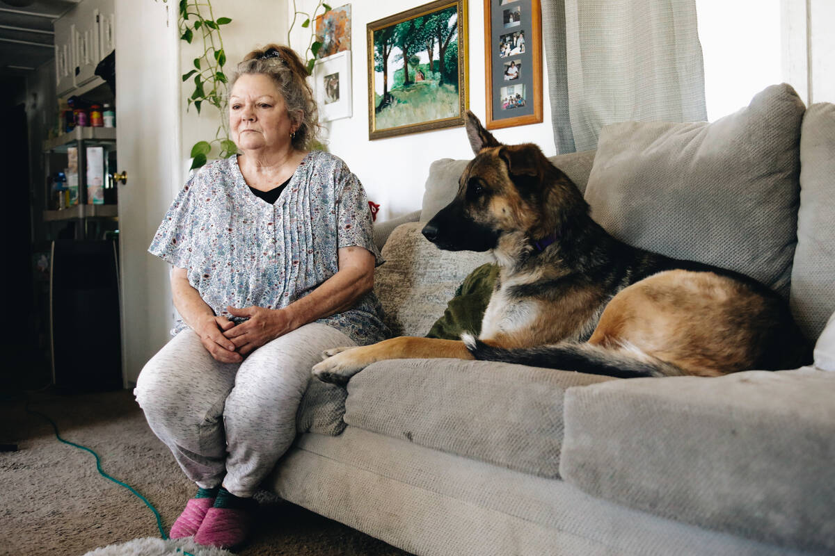 Debbie Hogan sits on her couch with Hank, a German shepherd that Hogan’s roommate is fosterin ...
