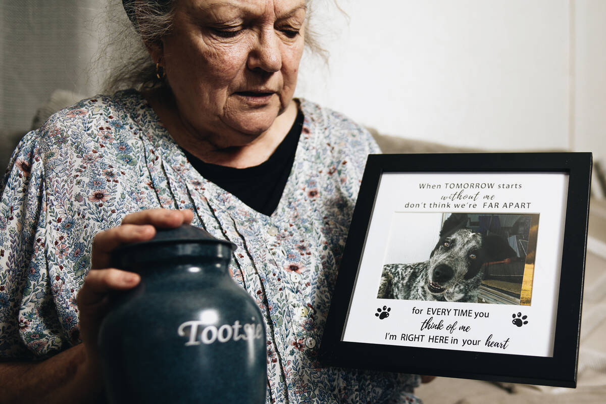 Debbie Hogan holds up a photograph of her dog, Tootsie, on July 5, 2023, at her home in Las Veg ...