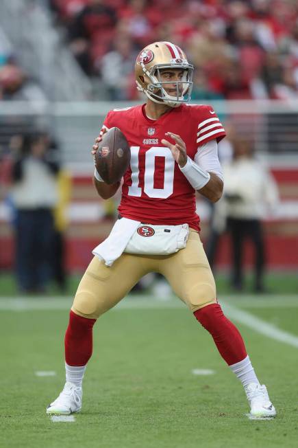 San Francisco 49ers quarterback Jimmy Garoppolo (10) looks to pass the ball in the first quarte ...