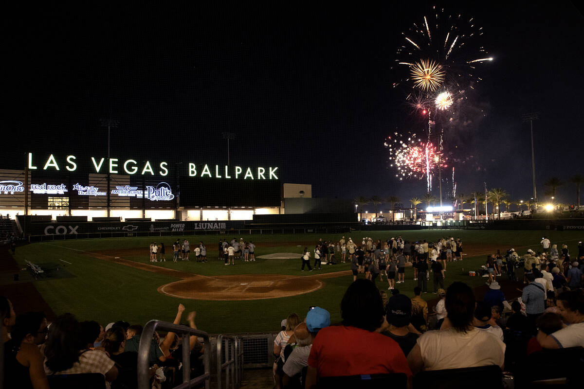 Fireworks erupt at Las Vegas Ballpark after the Golden Knights won the annual Battle for Vegas ...
