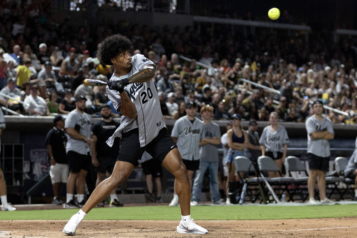 Raiders safety Isaiah Pola-Mao bats against the Golden Knights during the annual Battle for Veg ...
