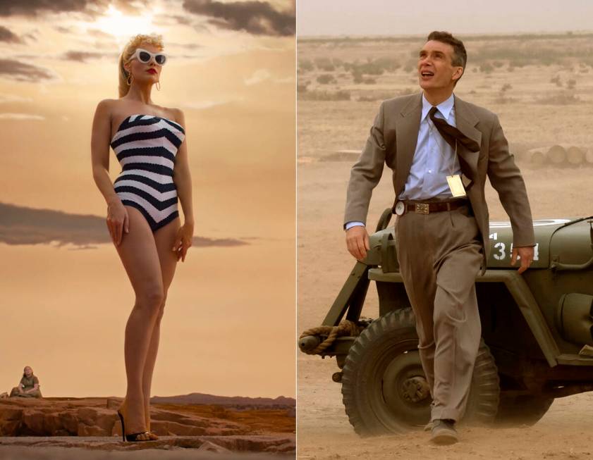 This combination of images shows Margot Robbie in a scene from "Barbie," left, and Ci ...