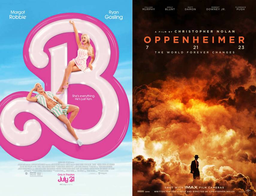 This combination of images shows promotional art for "Barbie," left, and "Oppenh ...