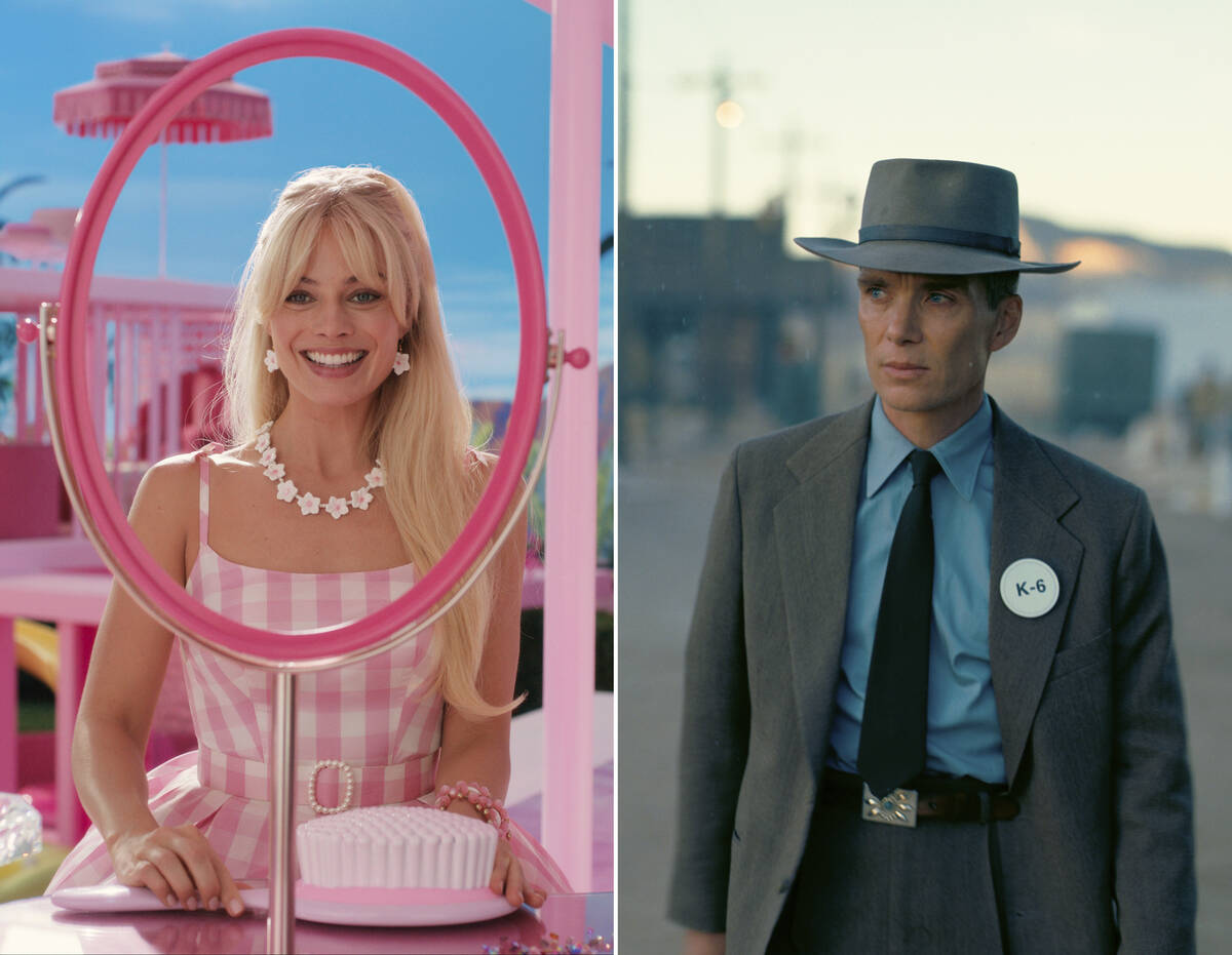 This combination of images shows Margot Robbie in a scene from "Barbie," left, and Ci ...