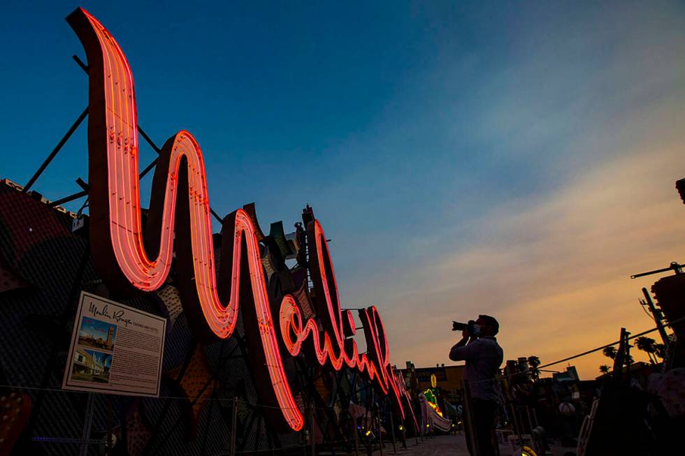 The Moulin Rouge sign is seen reilluminated at the Neon Museum in Las Vegas on Sept. 16, 2020. ...