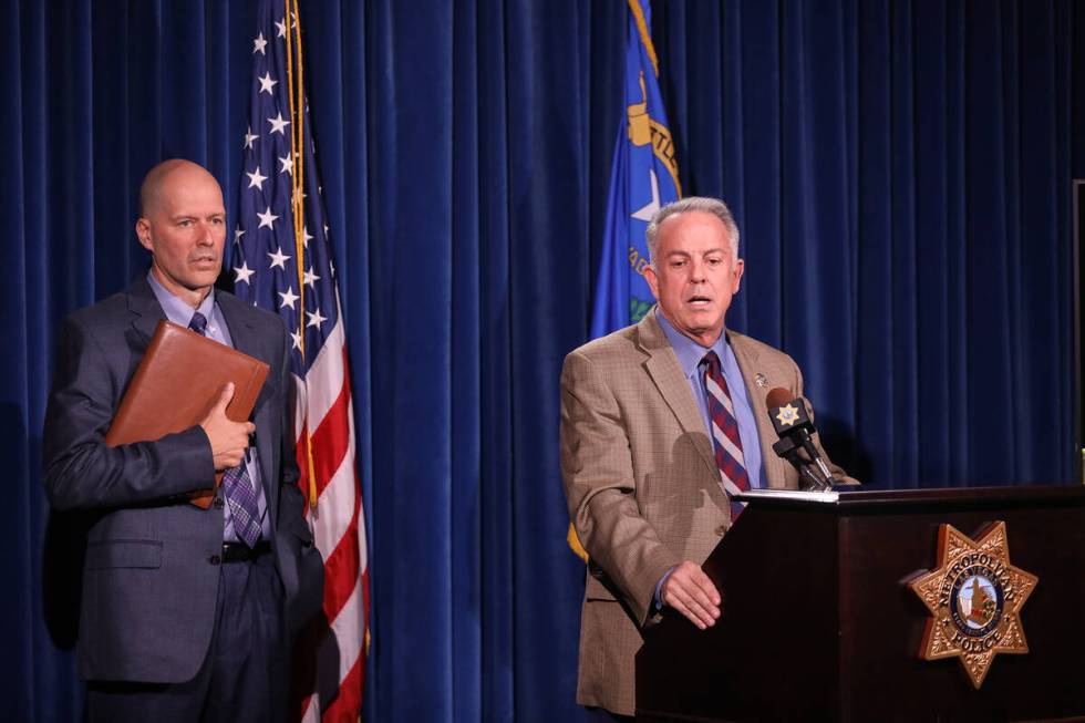 Clark County Sheriff Joe Lombardo addresses the media next to Metropolitan Police Department Lt ...