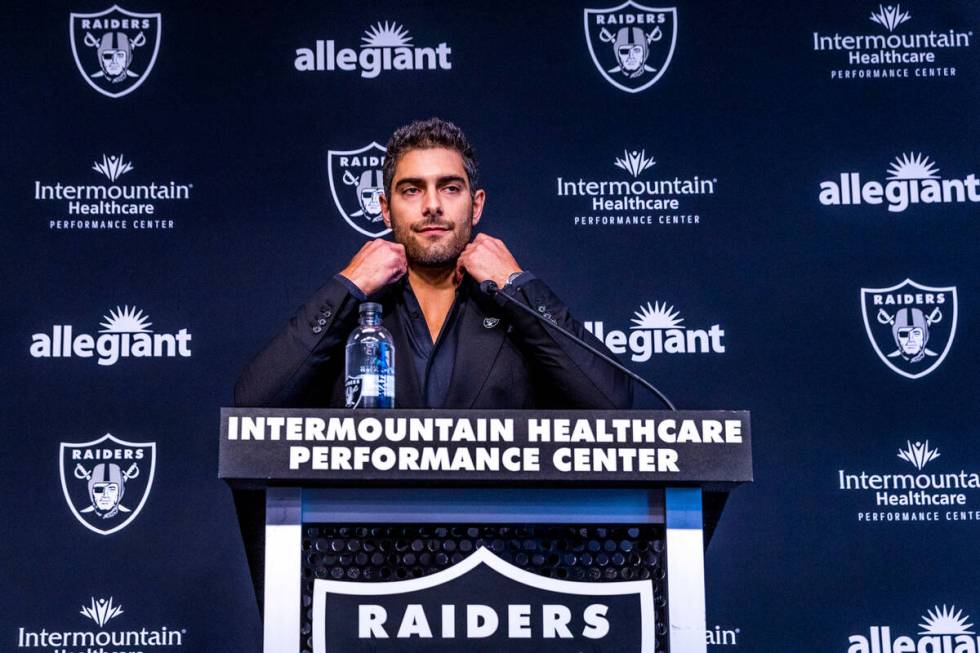 Jimmy Garoppolo considers a response during a press conference at the Raiders Headquarters and ...