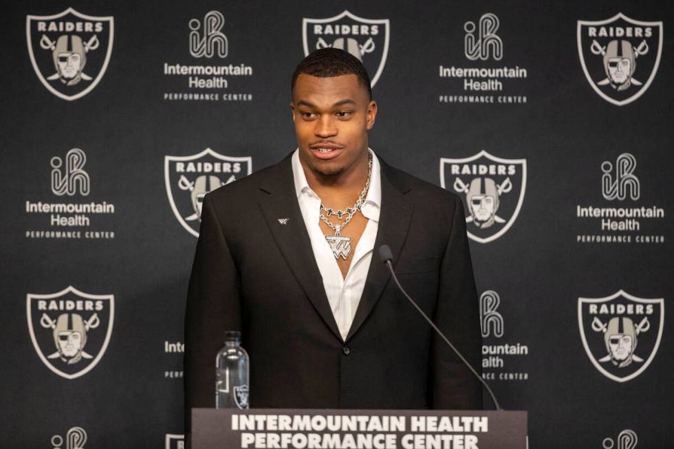 Las Vegas Raiders NFL draft pick defensive end Tyree Wilson speaks at his introductory news con ...