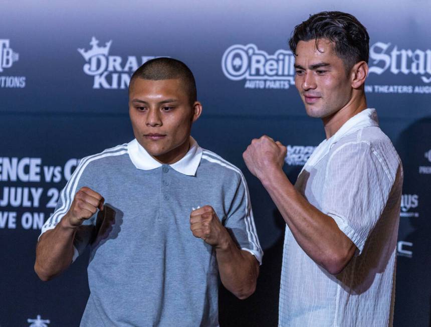 Isaac Cruz and Giovanni Cabrera, WBA lightweight boxers, pose off during grand arrivals inside ...