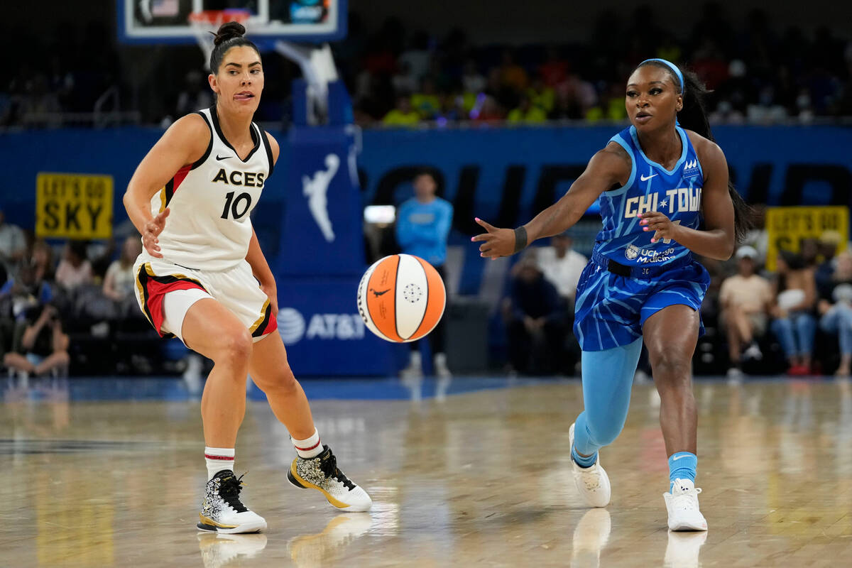 Chicago Sky guard Dana Evans, right, passes the ball past Las Vegas Aces guard Kelsey Plum duri ...