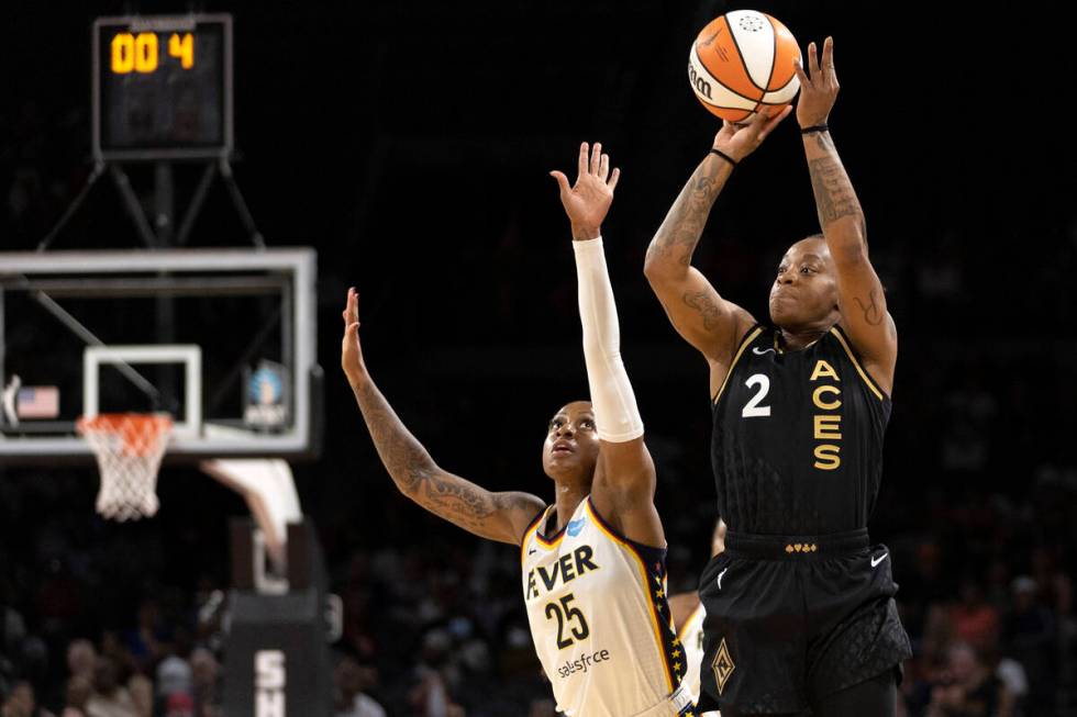 Las Vegas Aces guard Riquna Williams (2) shoots against Indiana Fever guard Tiffany Mitchell (2 ...