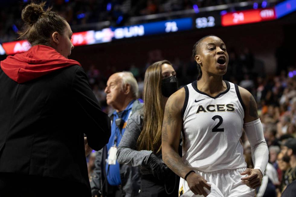 Las Vegas Aces guard Riquna Williams (2) celebrates after scoring in the second half in Game 4 ...