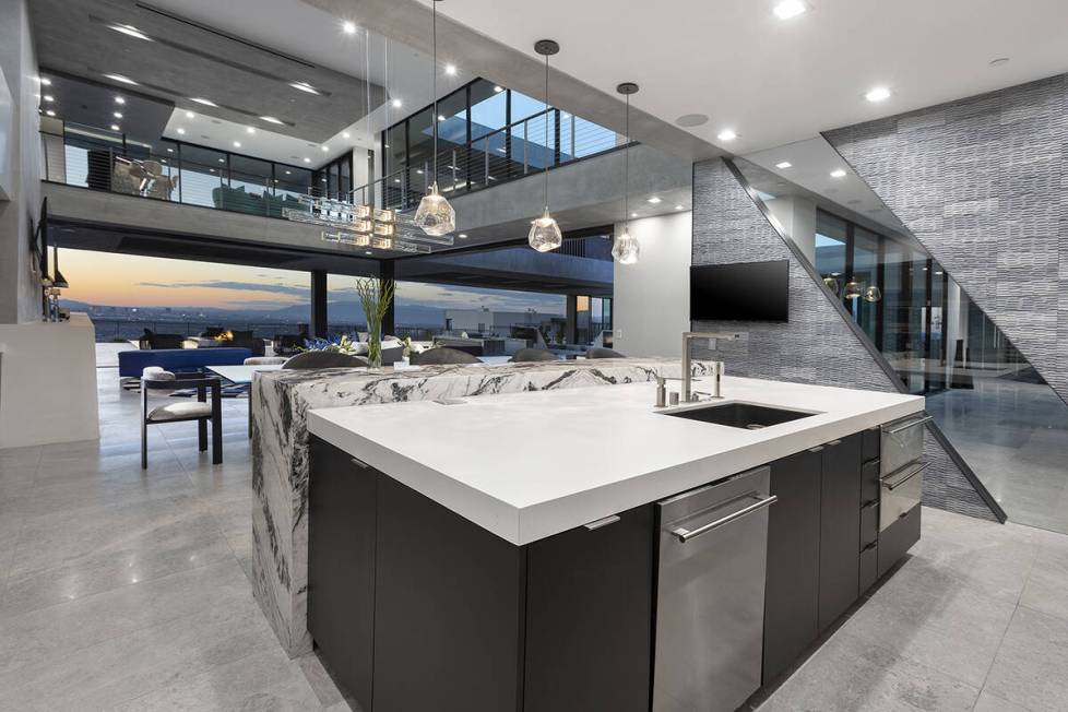 The kitchen has views of the Strip. (Douglas Elliman Las Vegas)