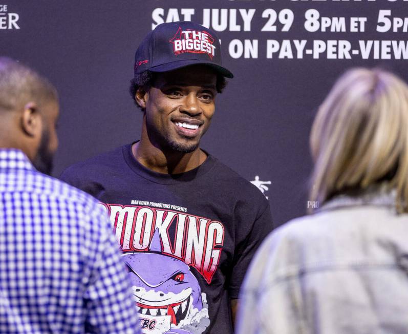 Boxer Errol Spence Jr. talks after the final press conference with Terence Crawford ahead of th ...