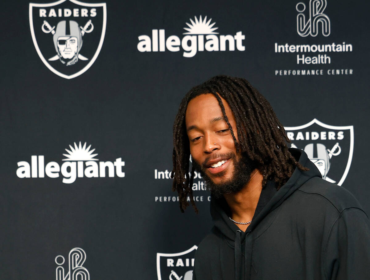 Raiders wide receiver Jakobi Meyers leaves the podium after addressing the media at the Intermo ...