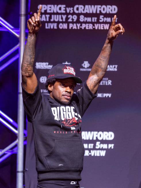 Boxer Errol Spence Jr. greets fans as he arrives on stage before his weigh-in ahead of the figh ...