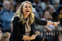 Las Vegas Aces head coach Becky Hammon shouts from the sidelines during the first half of a WNB ...