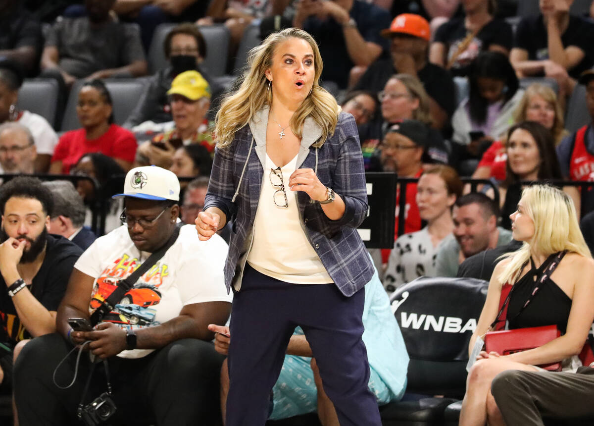 Las Vegas Aces head coach, Becky Hammon, coaches her players during a game on Sunday, June 11, ...