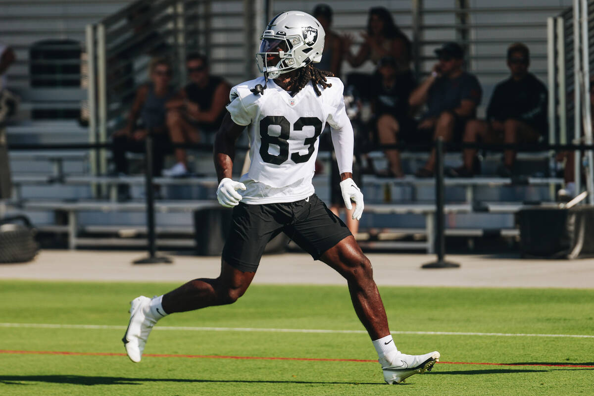 Raiders wide receiver Kristian Wilkerson runs down the practice field during a drill at trainin ...