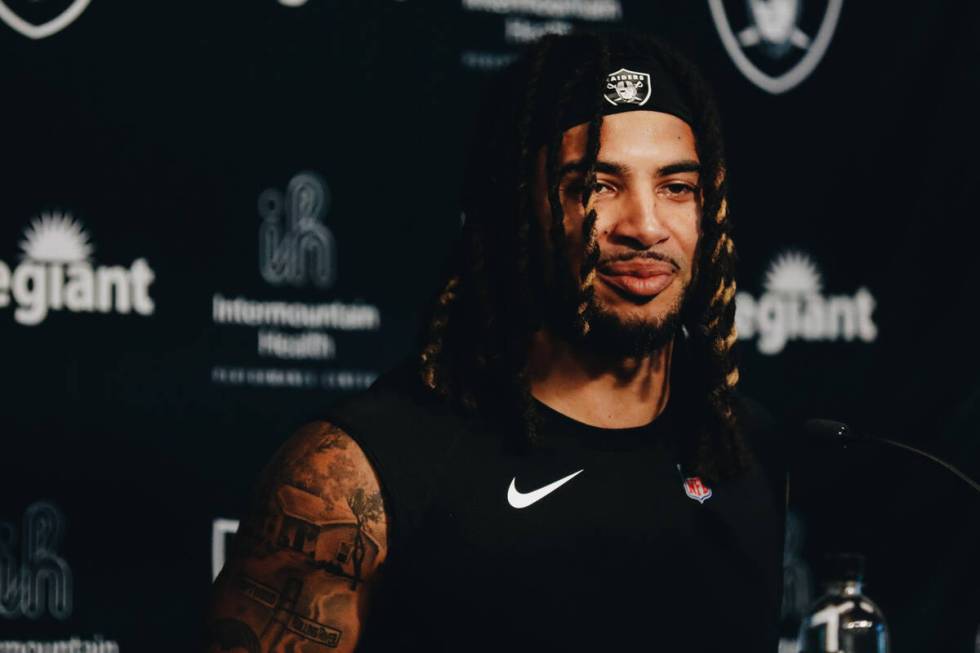 Raiders safety Trevon Moehrig-Woodard speaks to the media during training camp at the Intermoun ...