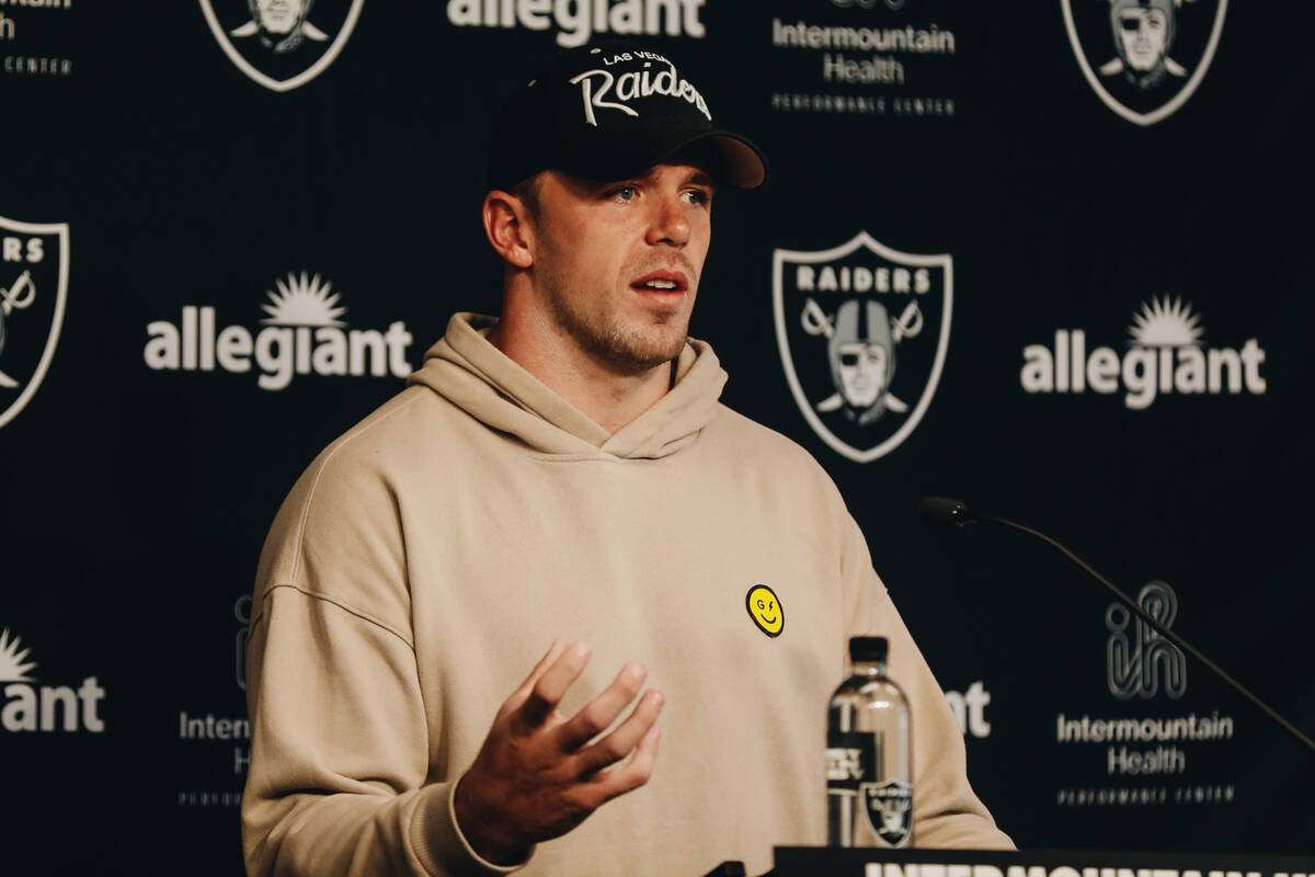 Raiders linebacker Robert Spillane speaks to the media during training camp at the Intermountai ...