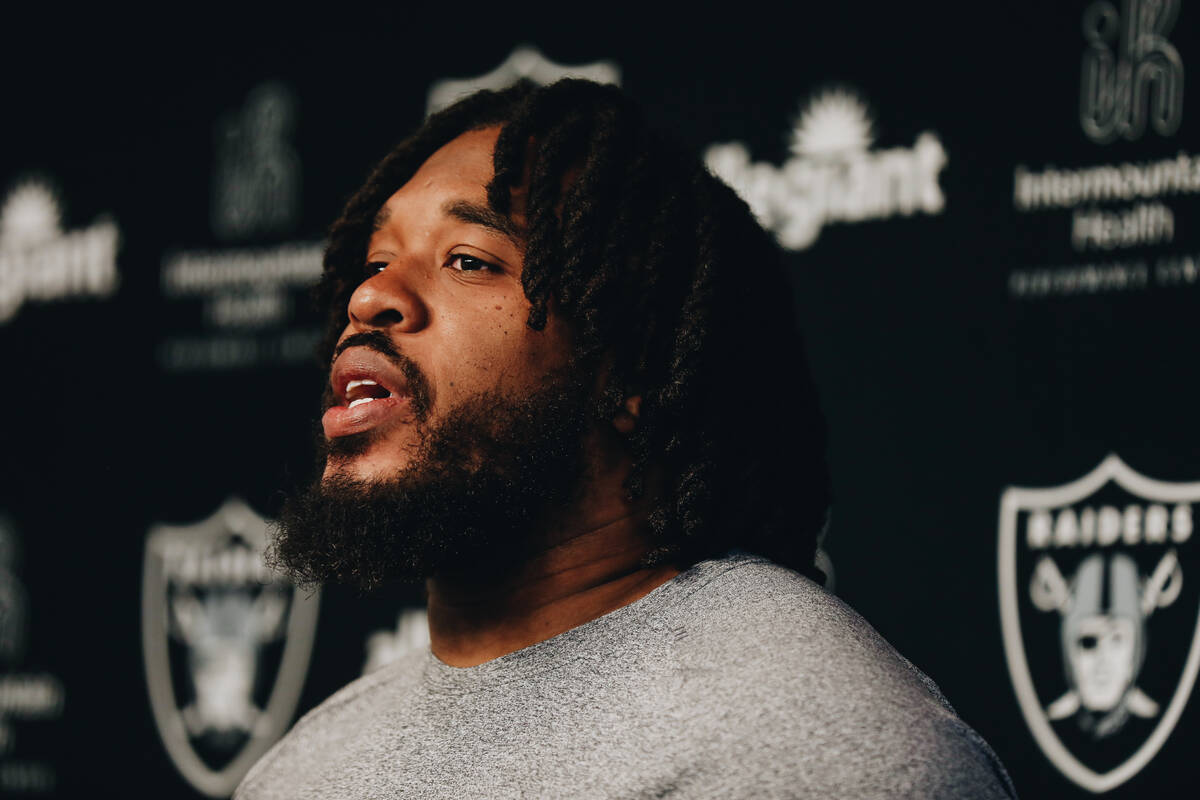 Raiders offensive guard Dylan Parham speaks to the media during training camp at the Intermount ...