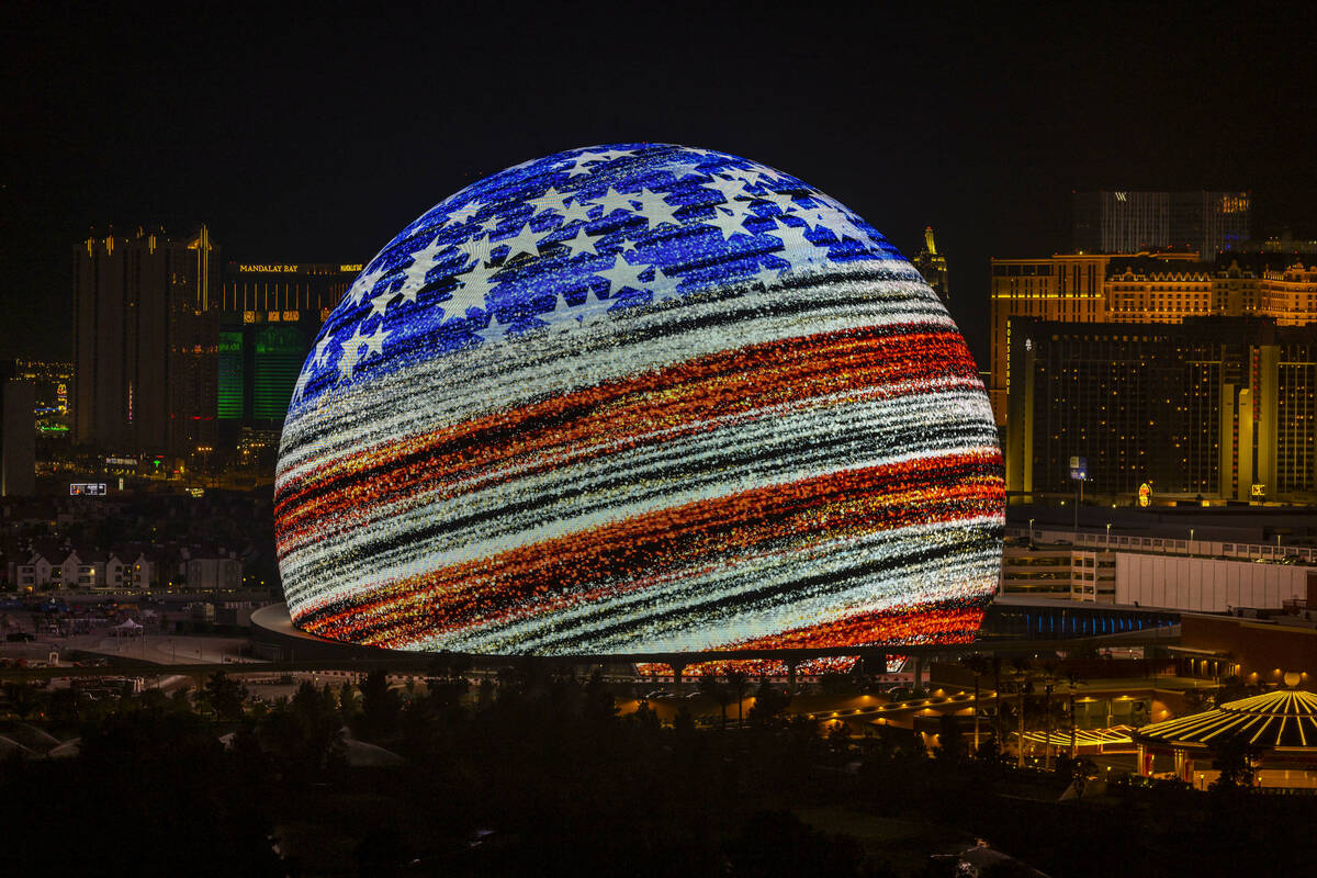 The Sphere illuminates the Las Vegas skyline with a dazzling display to celebrate Independence ...