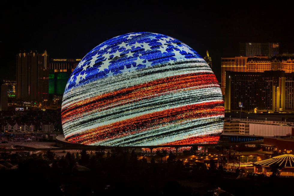 The Sphere illuminates the Las Vegas skyline with a dazzling display to celebrate Independence ...