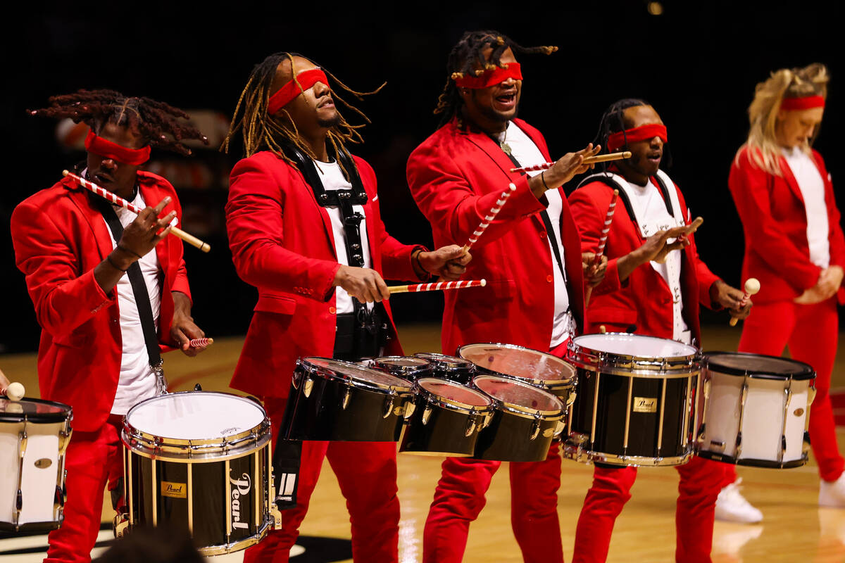 The Pack Drumline, an America’s Got Talent winner, performs during a WNBA basketball gam ...