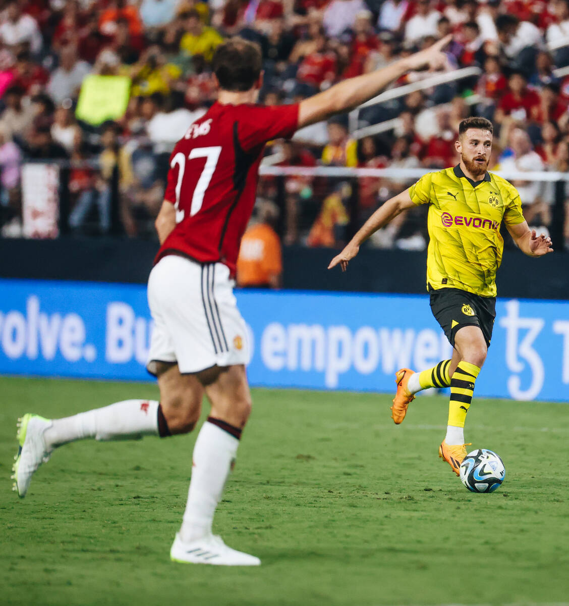 Borussia Dortmund midfielder Salih Ozcan (6) kicks the ball towards the goal as Manchester Unit ...