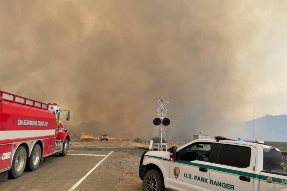 Fire activity picks up Sunday, July 30, 2023, in the York Fire. (Mojave National Preserve via F ...