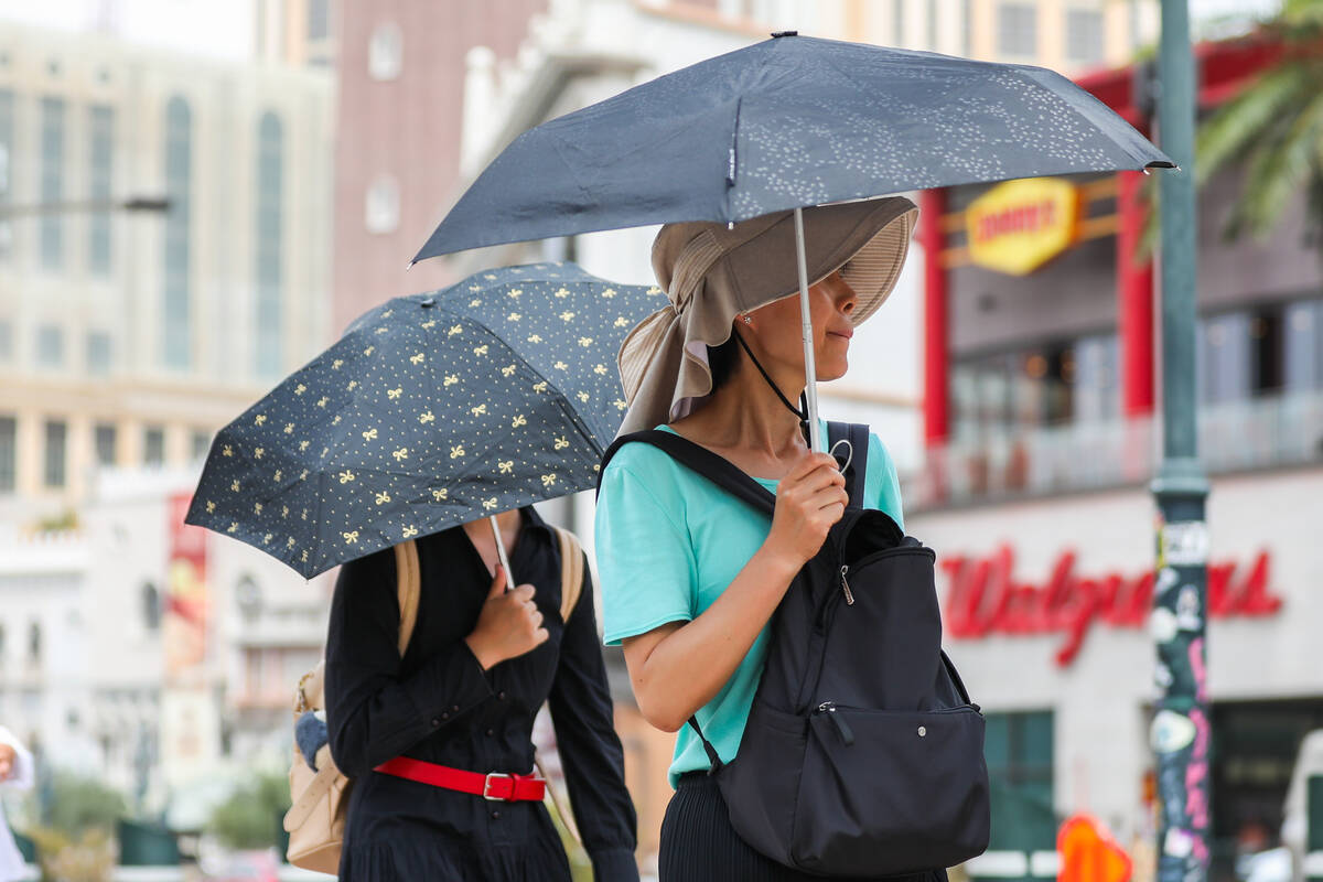 A group of people brave the heat along the Strip by shading themselves with umbrellas on Monday ...