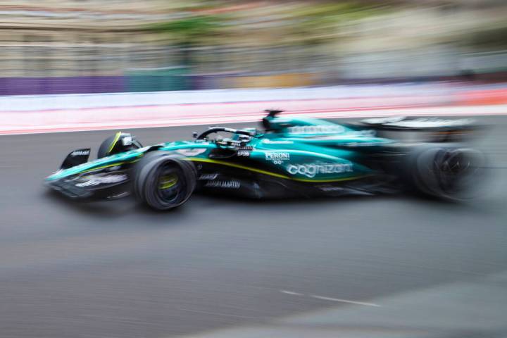 Aston Martin driver Lance Stroll of Canada steers his car during the Formula One Grand Prix at ...