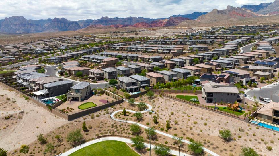 An aerial photo shows homes in Summerlin near Paseos Park on Wednesday, Aug 9, 2023. (Bizuayehu ...