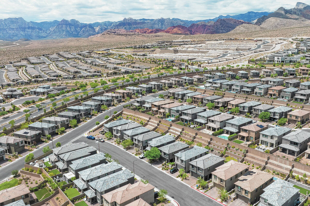 An aerial photo shows homes in Summerlin near Paseos Park on Wednesday, Aug 9, 2023. (Bizuayehu ...