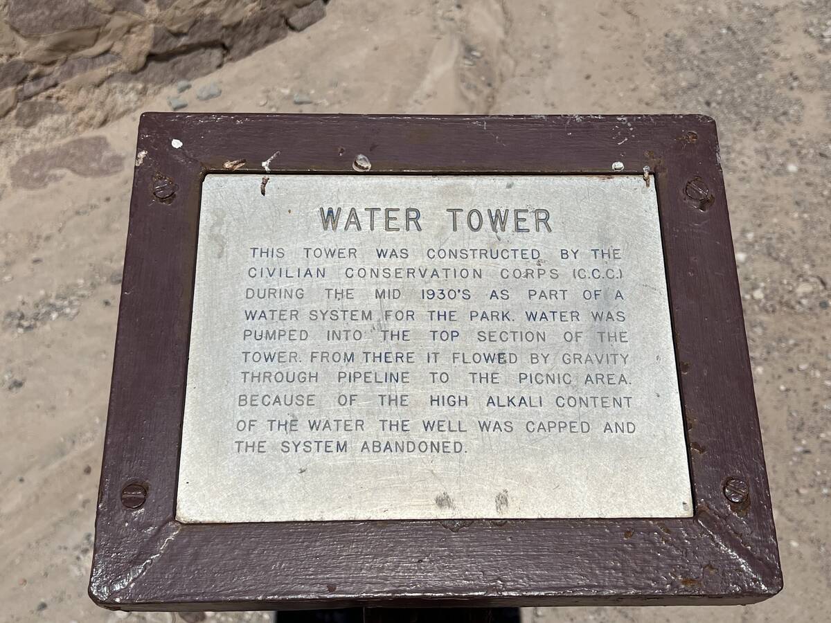 A sign at Cathedral Gorge State Park marks an abandoned water tower on July 8, 2023. (Carri Gee ...