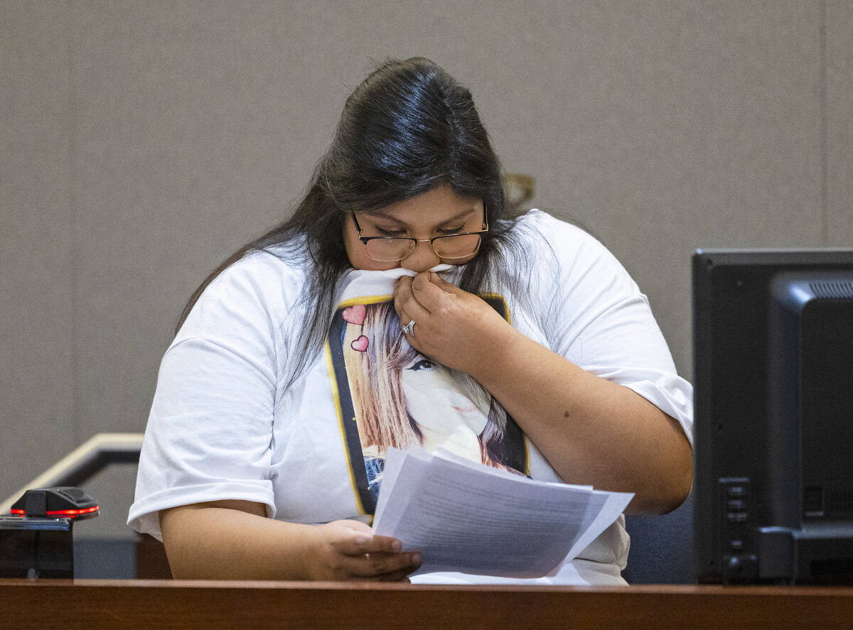 Kassandra Carbajal Kumar, a sister of murder victim Natelie Carbajal, pauses as she delivers h ...