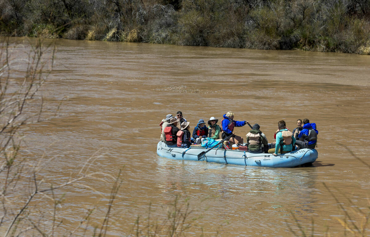 Paddlers make their way down the Colorado River north of Moab, Utah, on April 19, 2023. (L.E. B ...