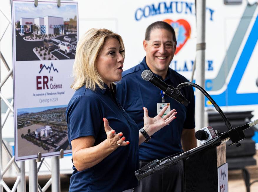 City of Henderson Mayor Michelle Romero speaks as Sam Kaufman, CEO of Henderson Hospital, looks ...