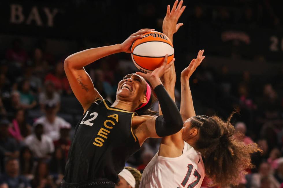 Las Vegas Aces forward A'ja Wilson (22) goes in for a layup during a WNBA basketball game again ...