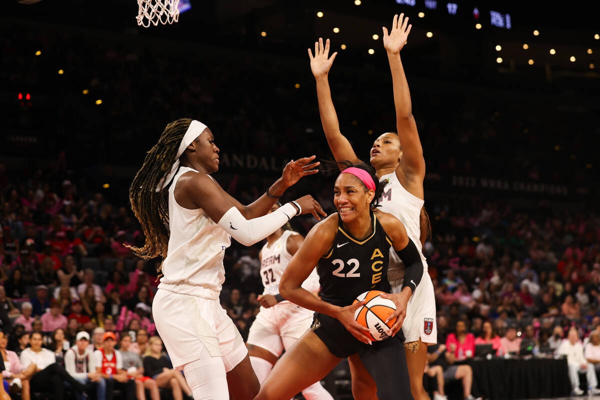 Las Vegas Aces forward A'ja Wilson (22) goes in for a layup during a WNBA basketball game again ...