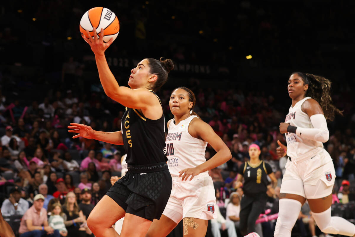 Las Vegas Aces guard Kelsey Plum (10) shoots a layup during a WNBA basketball game against the ...