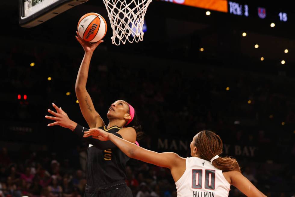 Las Vegas Aces forward A'ja Wilson (22) shoots a layup during a WNBA basketball game against th ...